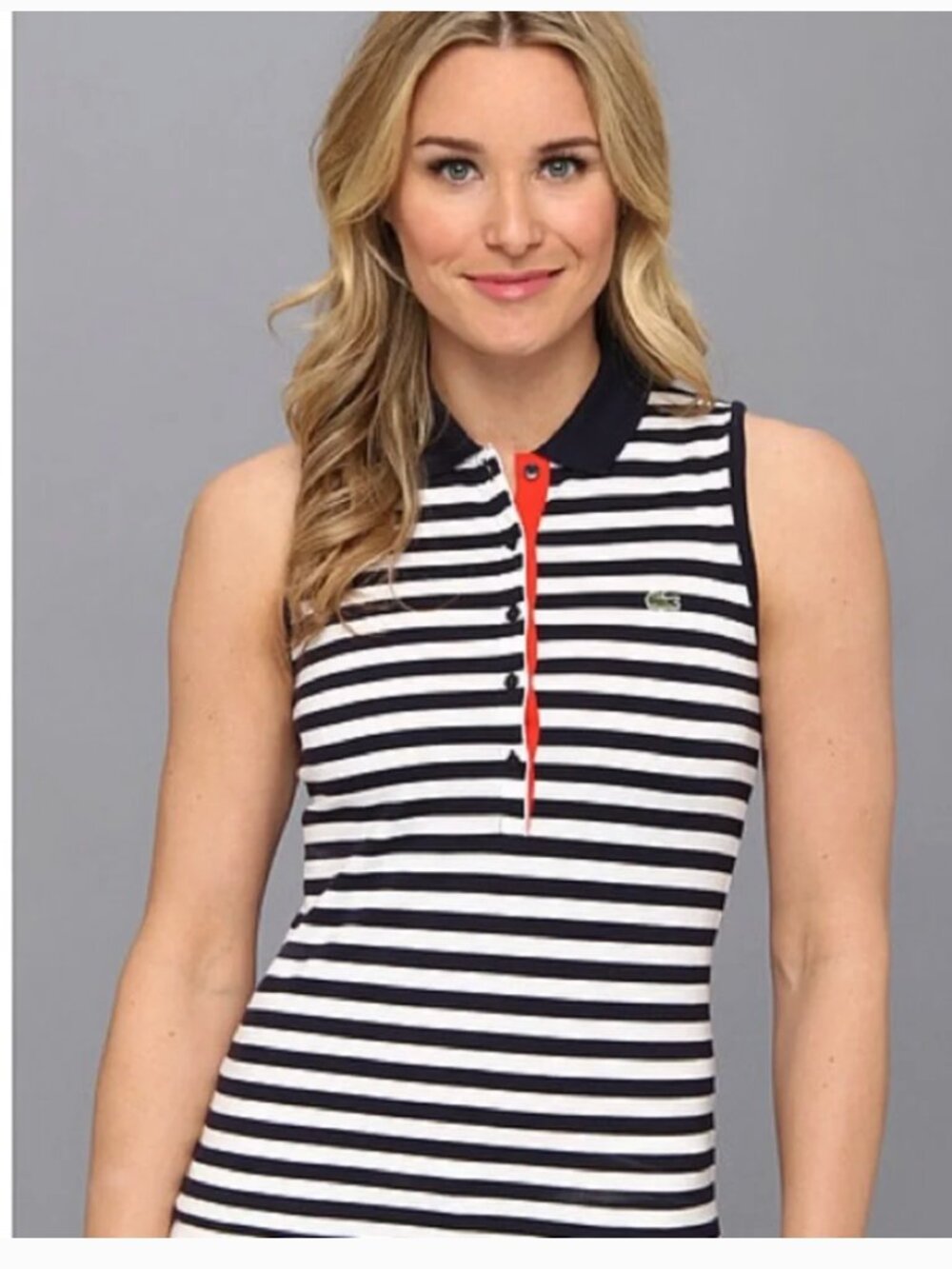 NWT Lacoste Sleeveless Stripe Stretch Pique Polo Top Navy White Size 32 XXS